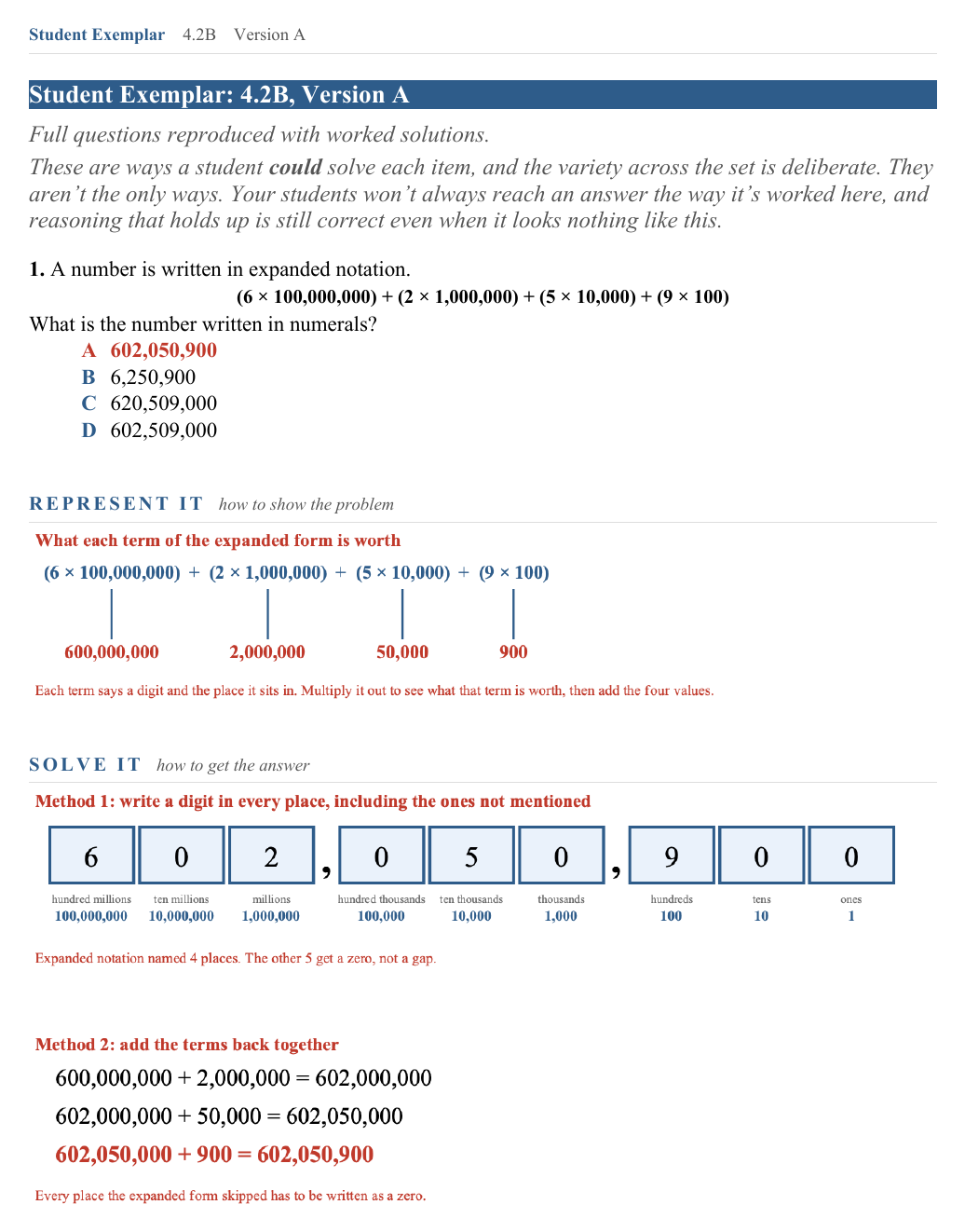 The Student Exemplar page for question 1: (6 x 100,000,000) + (2 x 1,000,000) + (5 x 10,000) + (9 x 100). What number is that? The correct answer is marked, and the question is worked out underneath.