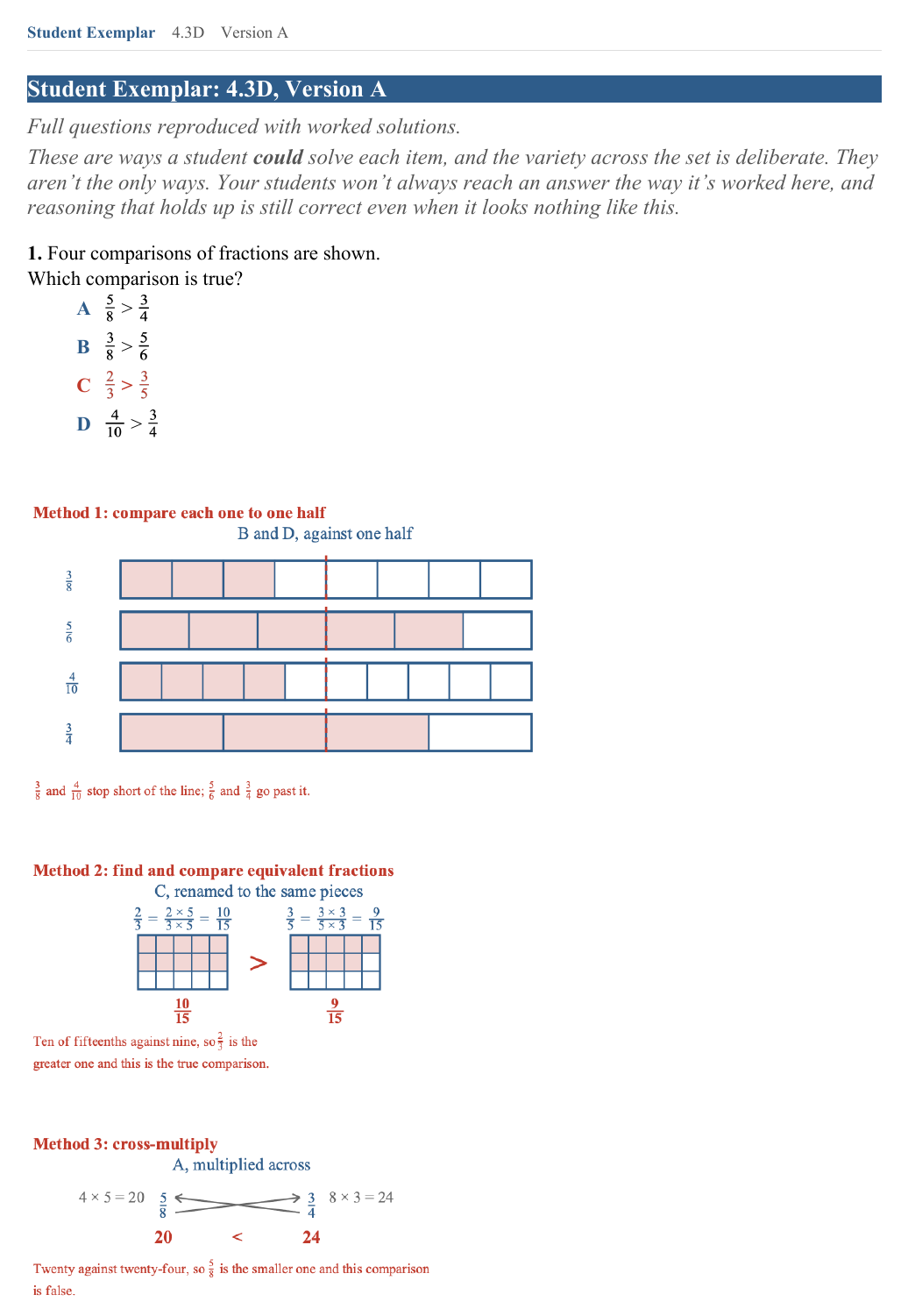 The Student Exemplar page for question 1: Which is bigger, 2/3 or 3/5? The correct answer is marked, and the question is worked out underneath.