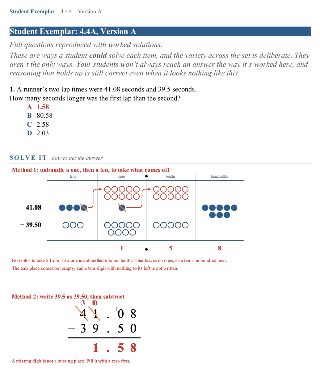 The Student Exemplar page for question 1: One lap took 41.08 seconds and the next took 39.5. How much longer was the first? The correct answer is marked, and the question is worked out underneath.