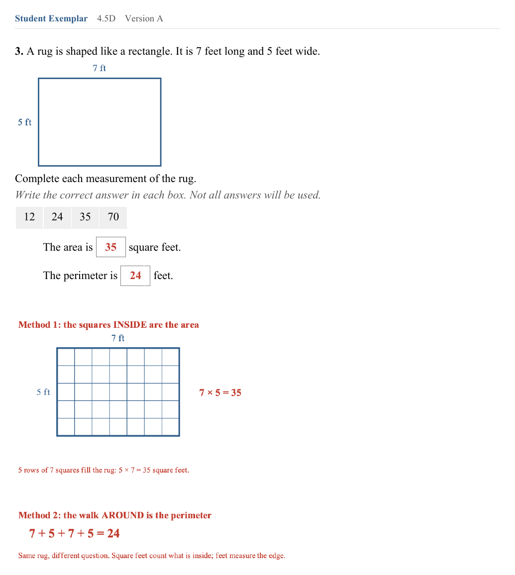 The Student Exemplar page for question 3: A rug is 7 feet long and 5 feet wide. What is its area, and what is its perimeter? The correct answer is marked, and the question is worked out underneath.