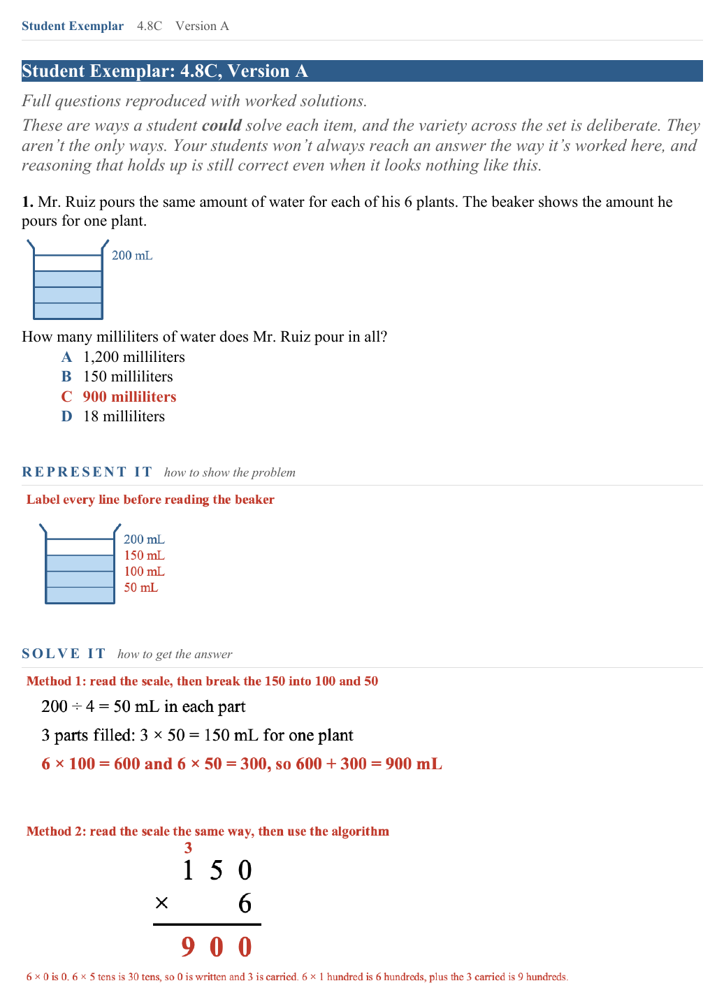 The Student Exemplar page for question 1: A beaker marked to 200 mL is cut into 4 equal spaces and 3 are filled. That is one plant’s water. There are 6 plants. How much in all? The correct answer is marked, and the question is worked out underneath.